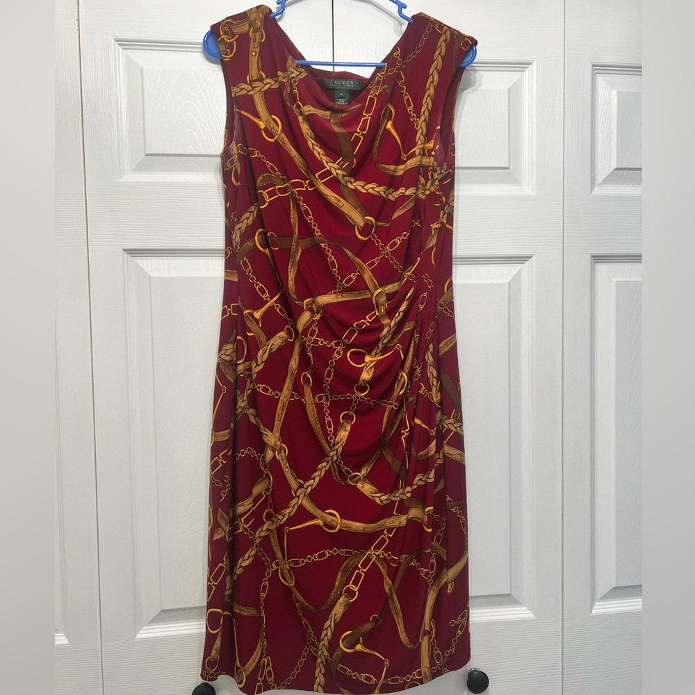 Ralph Lauren Burgundy Gold Chain Pattern Dress Size 14